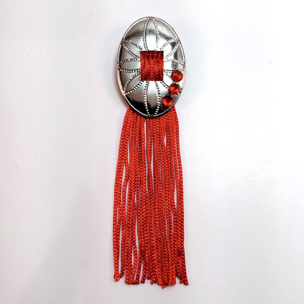 Handmade Western Concha Brooch Red Fringe Rhinestone Silver Country Cowboy Glam